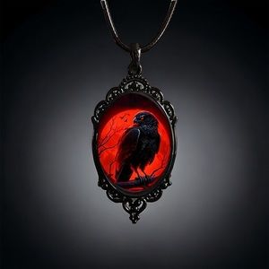 Red Moon Eagle Cameo Necklace Gothic Style Glass Pendent Choker Mystic Witch Jew